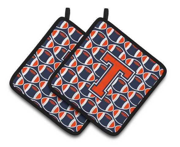 Picture of Carolines Treasures CJ1066-TPTHD Letter T Football Orange, Blue & White Pair of Pot Holders, 7.5 x 3 x 7.5 in.