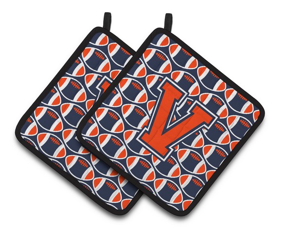 CJ1066-VPTHD Letter V Football Orange, Blue & White Pair of Pot Holders, 7.5 x 3 x 7.5 in.