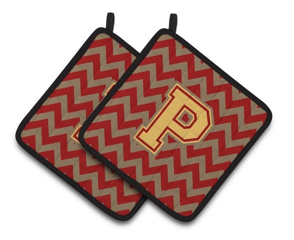 Letter P Chevron Garnet & Gold Pair of Pot Holders