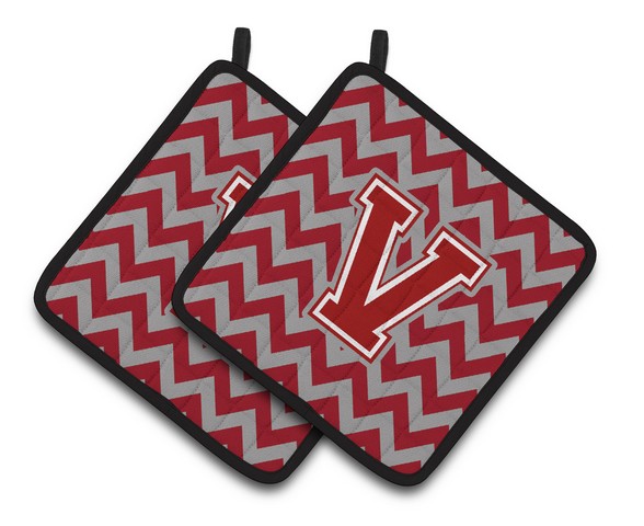 Letter V Chevron Maroon & White Pair of Pot Holders