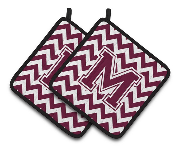 Letter M Chevron Maroon & White Pair of Pot Holders
