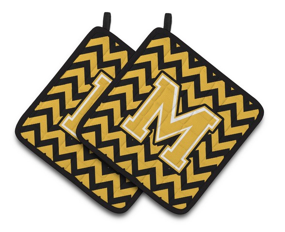 CJ1053-MPTHD Letter M Chevron Black & Gold Pair of Pot Holders, 7.5 x 3 x 7.5 in.