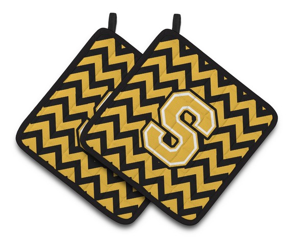 CJ1053-SPTHD Letter S Chevron Black & Gold Pair of Pot Holders, 7.5 x 3 x 7.5 in.