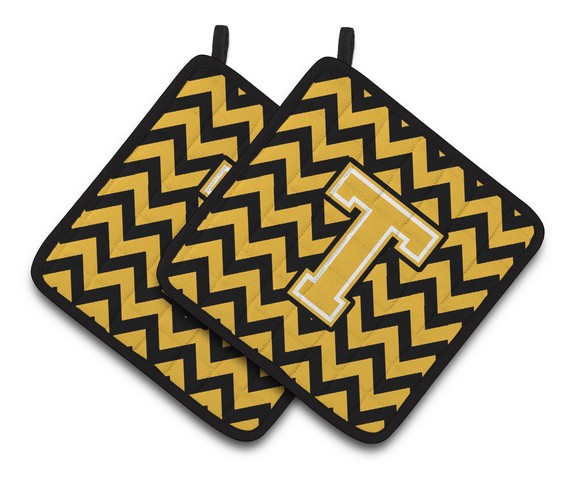 CJ1053-TPTHD Letter T Chevron Black & Gold Pair of Pot Holders, 7.5 x 3 x 7.5 in.