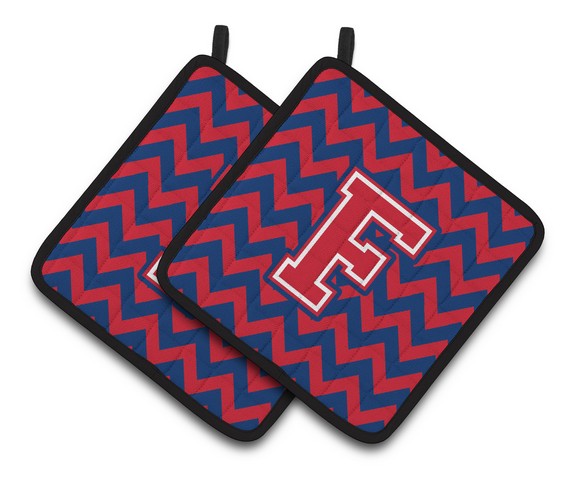 CJ1054-FPTHD Letter F Chevron Yale Blue & Crimson Pair of Pot Holders, 7.5 x 3 x 7.5 in.