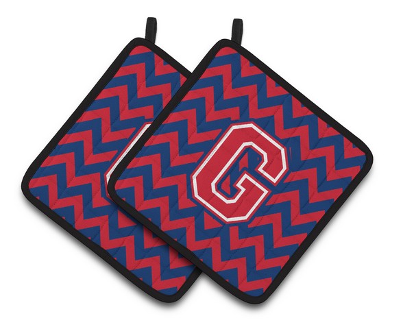 Letter G Chevron Yale Blue & Crimson Pair of Pot Holders