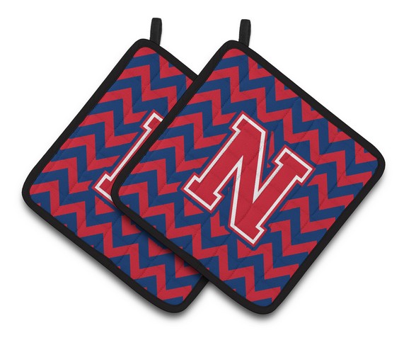 Letter N Chevron Yale Blue & Crimson Pair of Pot Holders - 7.5 x 3 x 7.5 in.