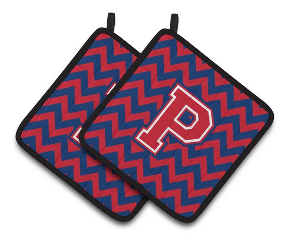 Letter P Chevron Yale Blue & Crimson Pair of Pot Holders