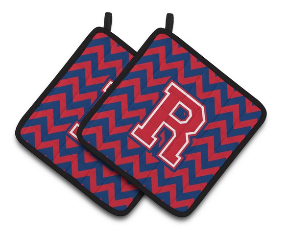 Letter R Chevron Yale Blue & Crimson Pair of Pot Holders