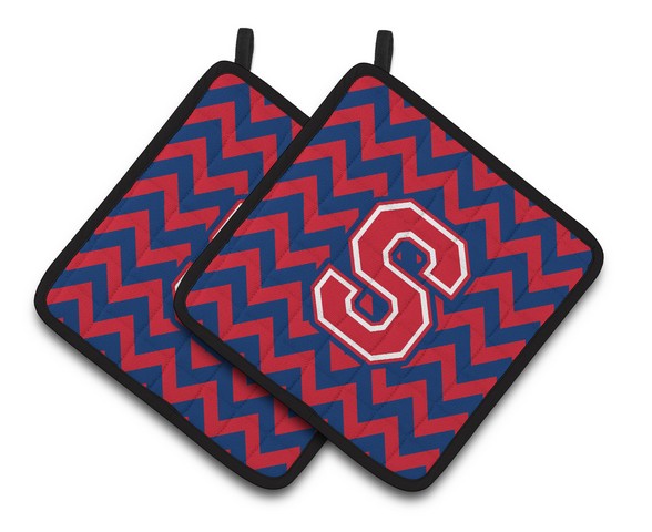Letter S Chevron Yale Blue & Crimson Pair of Pot Holders