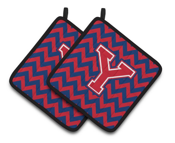 CJ1054-YPTHD Letter Y Chevron Yale Blue & Crimson Pair of Pot Holders, 7.5 x 3 x 7.5 in.