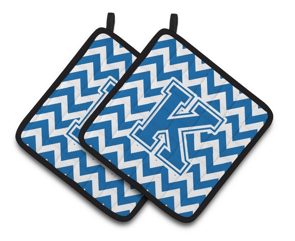 Letter K Chevron Blue & White Pair of Pot Holders