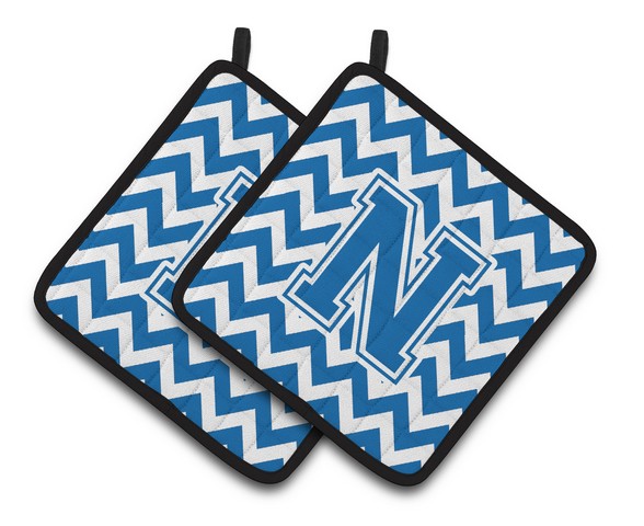 Letter N Chevron Blue & White Pair of Pot Holders