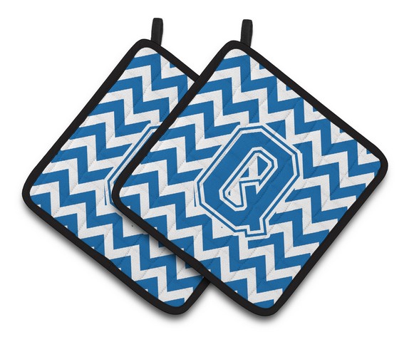 Letter Q Chevron Blue & White Pair of Pot Holders