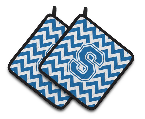 Letter S Chevron Blue & White Pair of Pot Holders - 7.5 x 3 x 7.5 in.