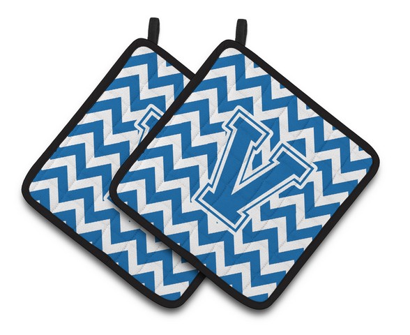 Letter V Chevron Blue & White Pair of Pot Holders