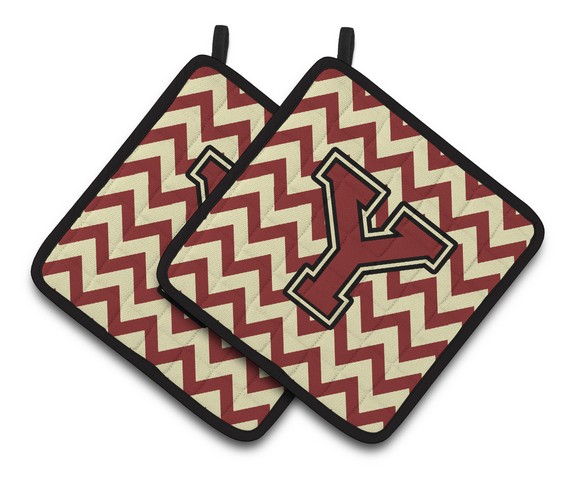 Letter Y Chevron Maroon & Gold Pair of Pot Holders