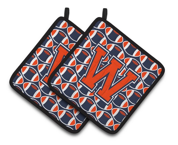 CJ1066-WPTHD Letter W Football Orange, Blue & White Pair of Pot Holders, 7.5 x 3 x 7.5 in.