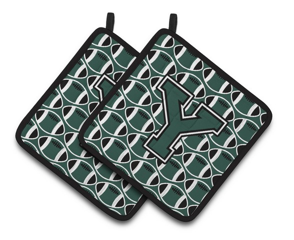 Letter Y Football Green & White Pair of Pot Holders