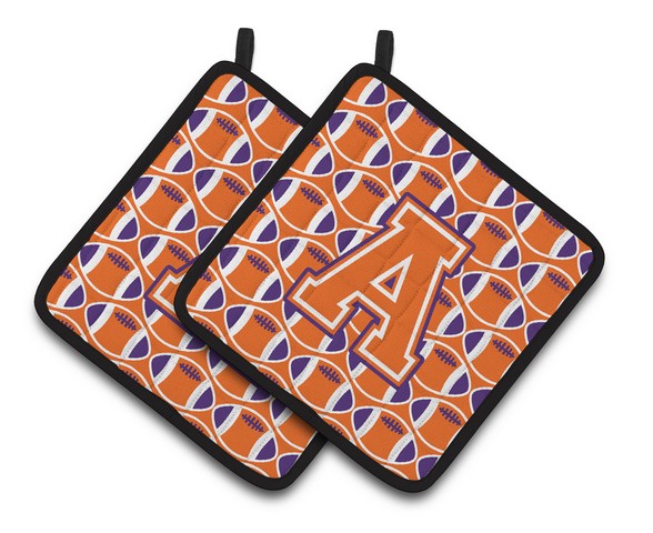 CJ1072-APTHD Letter A Football Orange, White & Regalia Pair of Pot Holders, 7.5 x 3 x 7.5 in.