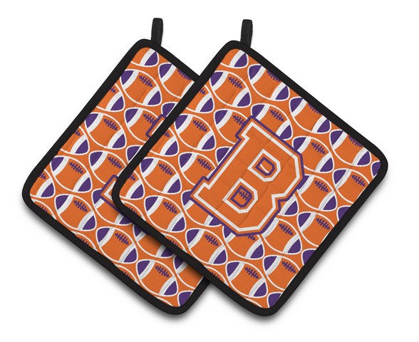 CJ1072-BPTHD Letter B Football Orange, White & Regalia Pair of Pot Holders, 7.5 x 3 x 7.5 in.