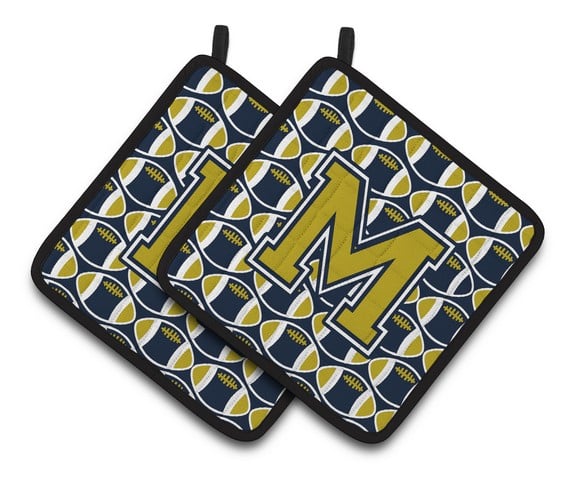 CJ1074-MPTHD Letter M Football Blue & Gold Pair of Pot Holders, 7.5 x 3 x 7.5 in.