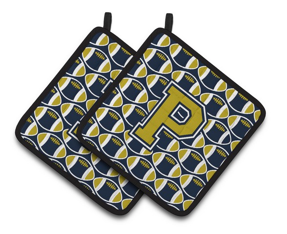 CJ1074-PPTHD Letter P Football Blue & Gold Pair of Pot Holders, 7.5 x 3 x 7.5 in.