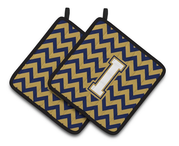 Letter I Chevron Navy Blue & Gold Pair of Pot Holders