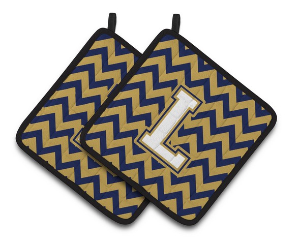Letter L Chevron Navy Blue & Gold Pair of Pot Holders
