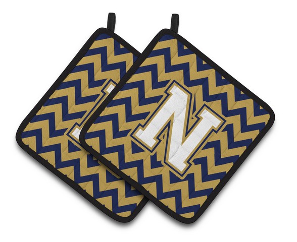 Letter N Chevron Navy Blue & Gold Pair of Pot Holders