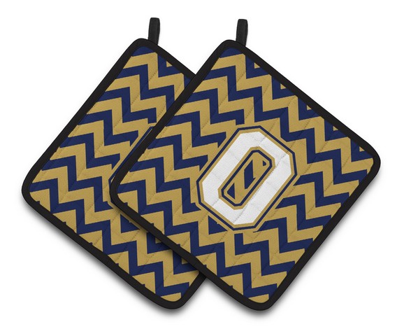 Letter O Chevron Navy Blue & Gold Pair of Pot Holders