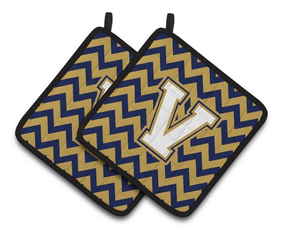 Letter V Chevron Navy Blue & Gold Pair of Pot Holders