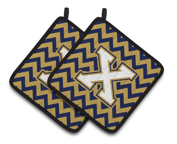 Letter X Chevron Navy Blue & Gold Pair of Pot Holders