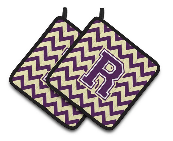 Letter R Chevron Purple & Gold Pair of Pot Holders