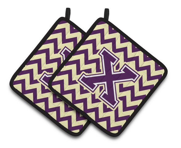Letter X Chevron Purple & Gold Pair of Pot Holders