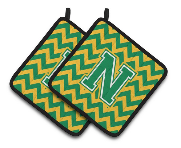 Letter N Chevron Green & Gold Pair of Pot Holders