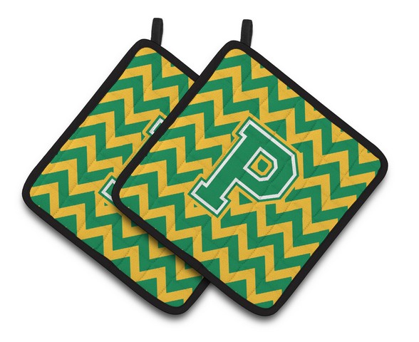 Letter P Chevron Green & Gold Pair of Pot Holders