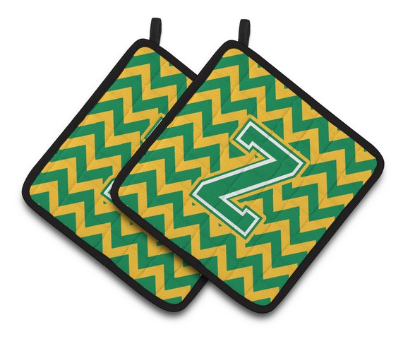 Letter Z Chevron Green & Gold Pair of Pot Holders
