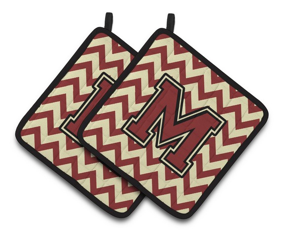 Letter M Chevron Maroon & Gold Pair of Pot Holders