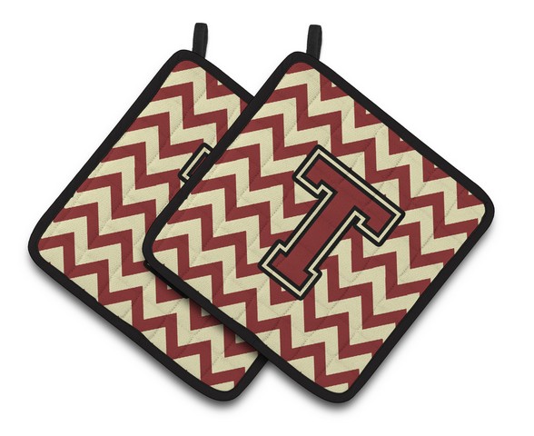Letter T Chevron Maroon & Gold Pair of Pot Holders