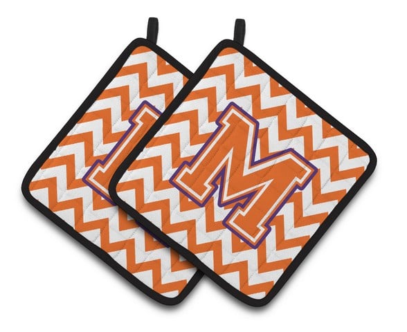 Letter M Chevron Orange & Regalia Pair of Pot Holders