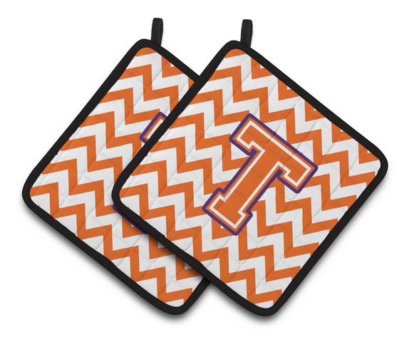 Letter T Chevron Orange & Regalia Pair of Pot Holders