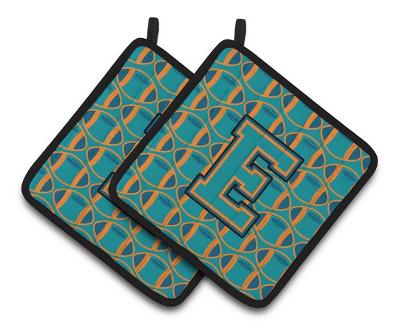 CJ1063-EPTHD Letter E Football Aqua, Orange & Marine Blue Pair of Pot Holders, 7.5 x 3 x 7.5 in.
