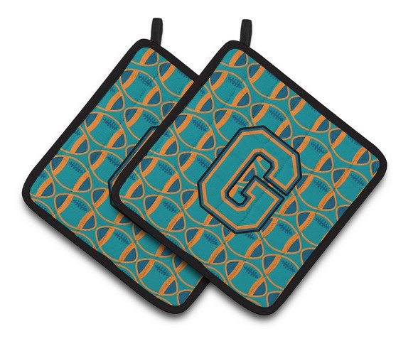 CJ1063-GPTHD Letter G Football Aqua, Orange & Marine Blue Pair of Pot Holders, 7.5 x 3 x 7.5 in.