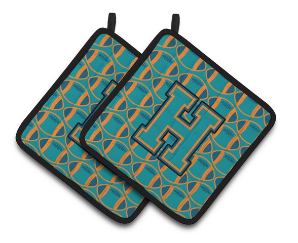 Letter H Football Aqua - Orange & Marine Blue Pair of Pot Holders