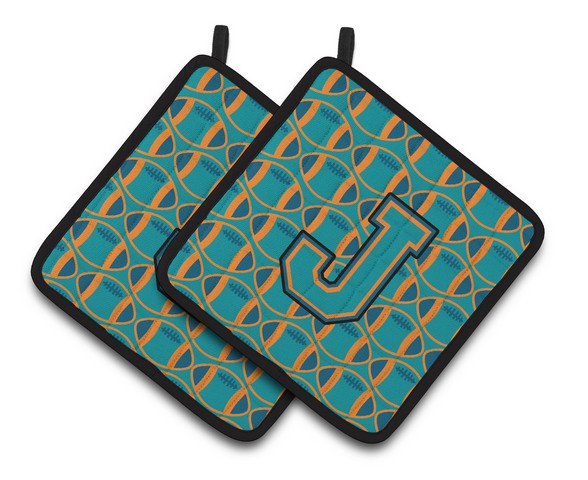 CJ1063-JPTHD Letter J Football Aqua, Orange & Marine Blue Pair of Pot Holders, 7.5 x 3 x 7.5 in.