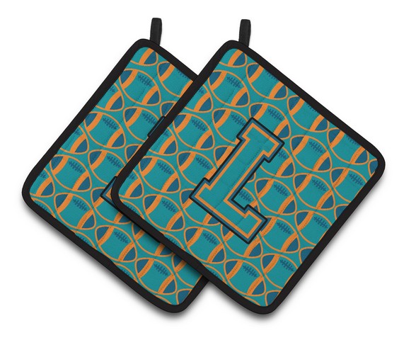 CJ1063-LPTHD Letter L Football Aqua, Orange & Marine Blue Pair of Pot Holders, 7.5 x 3 x 7.5 in.