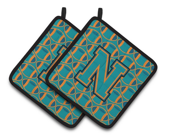 CJ1063-NPTHD Letter N Football Aqua, Orange & Marine Blue Pair of Pot Holders, 7.5 x 3 x 7.5 in.