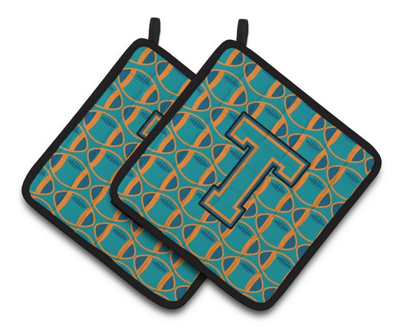Picture of Carolines Treasures CJ1063-TPTHD Letter T Football Aqua, Orange & Marine Blue Pair of Pot Holders, 7.5 x 3 x 7.5 in.