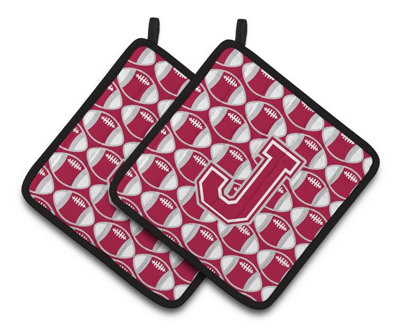 Letter J Football Crimson - Grey & White Pair of Pot Holders - 7.5 x 3 x 7.5 in.